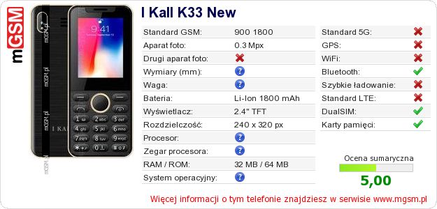 Dane telefonu I Kall K33 New Dane telefonu I Kall K33 New