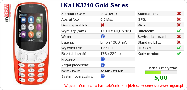 Dane telefonu I Kall K3310 Gold Series