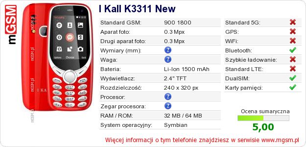 Dane telefonu I Kall K3311 New