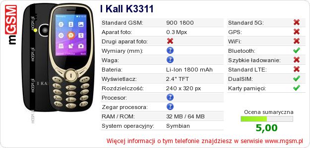 Dane telefonu I Kall K3311 Dane telefonu I Kall K3311