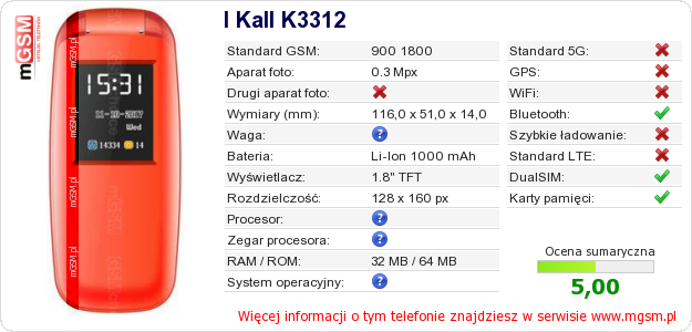 Dane telefonu I Kall K3312