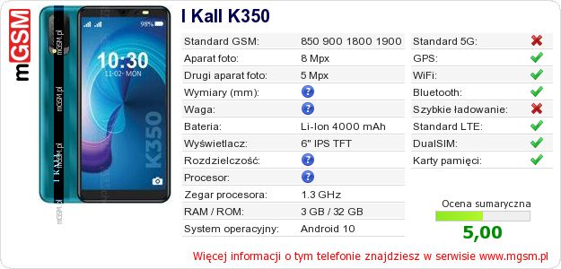 Dane telefonu I Kall K350