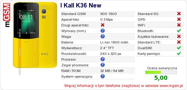 Dane telefonu I Kall K36 New