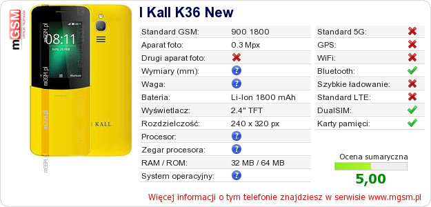 Dane telefonu I Kall K36 New
