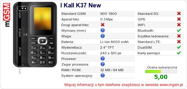 Dane telefonu I Kall K37 New Dane telefonu I Kall K37 New
