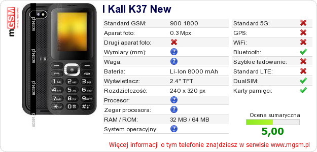Dane telefonu I Kall K37 New