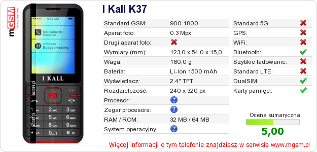 Dane telefonu I Kall K37