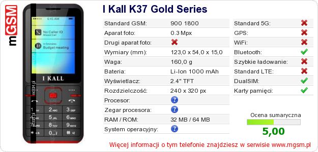 Dane telefonu I Kall K37 Gold Series