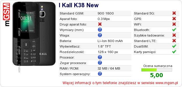 Dane telefonu I Kall K38 New Dane telefonu I Kall K38 New