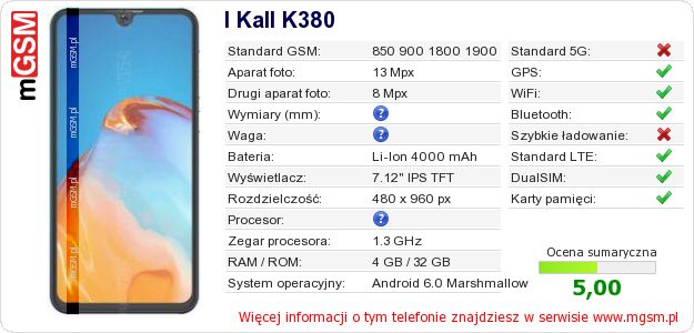 Dane telefonu I Kall K380