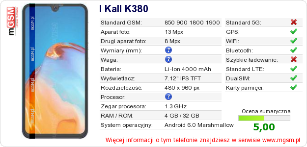 Dane telefonu I Kall K380 Dane telefonu I Kall K380