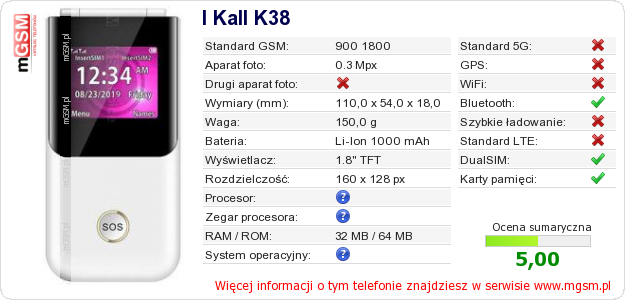 Dane telefonu I Kall K38