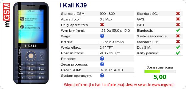 Dane telefonu I Kall K39 Dane telefonu I Kall K39