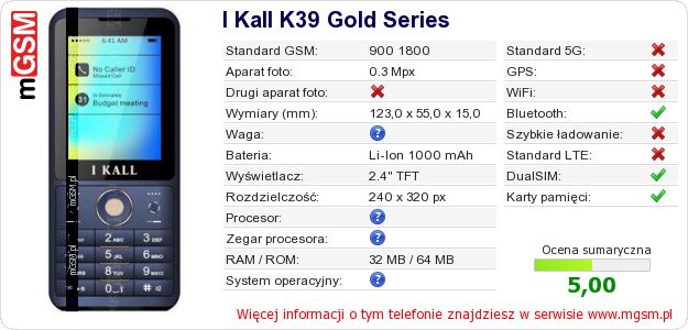 Dane telefonu I Kall K39 Gold Series Dane telefonu I Kall K39 Gold Series