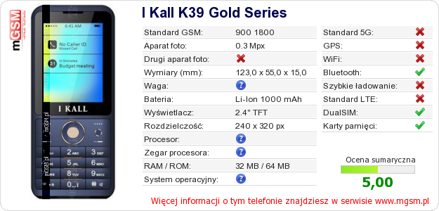 Dane telefonu I Kall K39 Gold Series