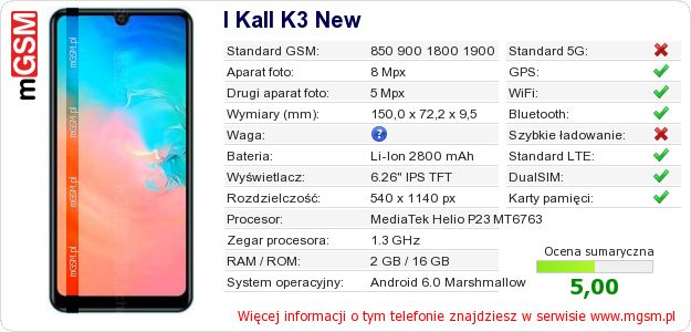 Dane telefonu I Kall K3 New