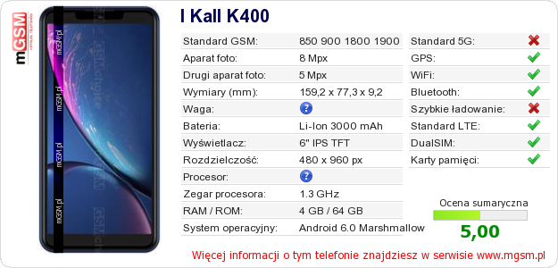 Dane telefonu I Kall K400
