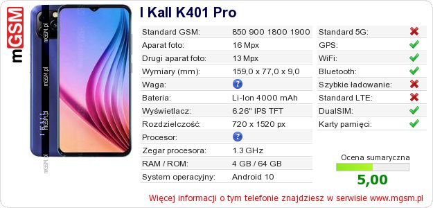 Dane telefonu I Kall K401 Pro Dane telefonu I Kall K401 Pro