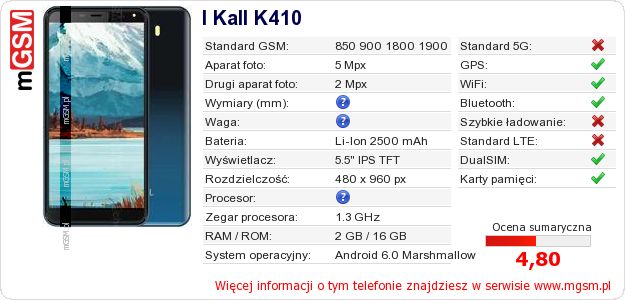 Dane telefonu I Kall K410 Dane telefonu I Kall K410