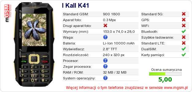 Dane telefonu I Kall K41