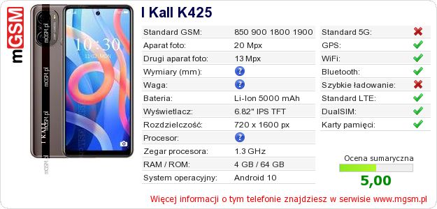 Dane telefonu I Kall K425