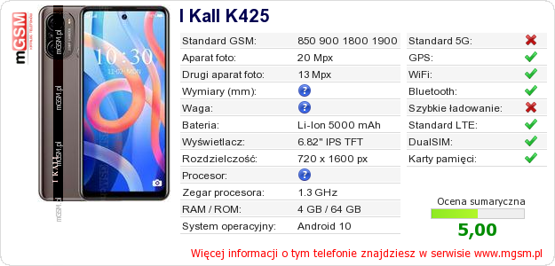 Dane telefonu I Kall K425 Dane telefonu I Kall K425