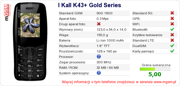 Dane telefonu I Kall K43+ Gold Series