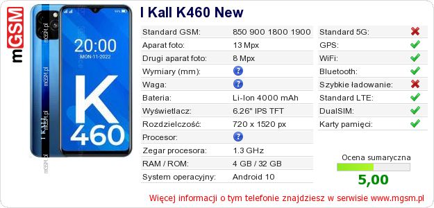 Dane telefonu I Kall K460 New Dane telefonu I Kall K460 New