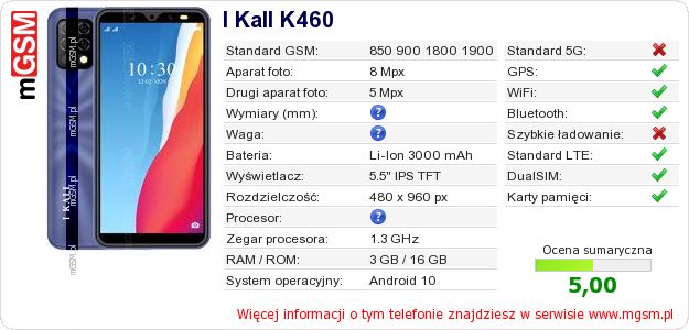 Dane telefonu I Kall K460 Dane telefonu I Kall K460
