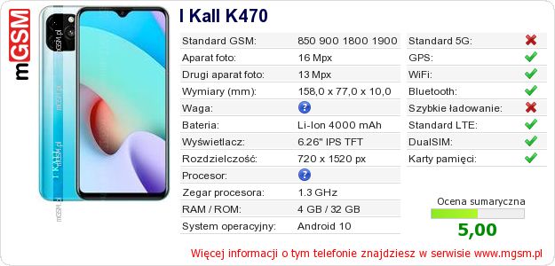 Dane telefonu I Kall K470 Dane telefonu I Kall K470