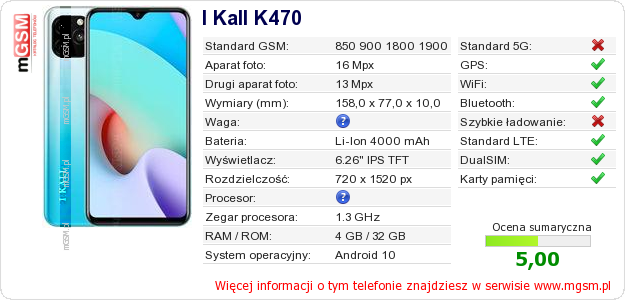 Dane telefonu I Kall K470