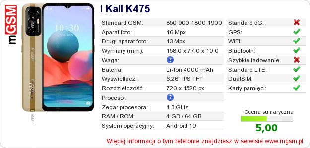 Dane telefonu I Kall K475