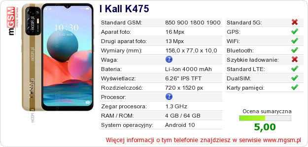 Dane telefonu I Kall K475