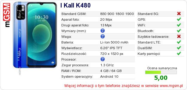 Dane telefonu I Kall K480 Dane telefonu I Kall K480
