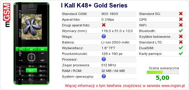 Dane telefonu I Kall K48+ Gold Series Dane telefonu I Kall K48+ Gold Series