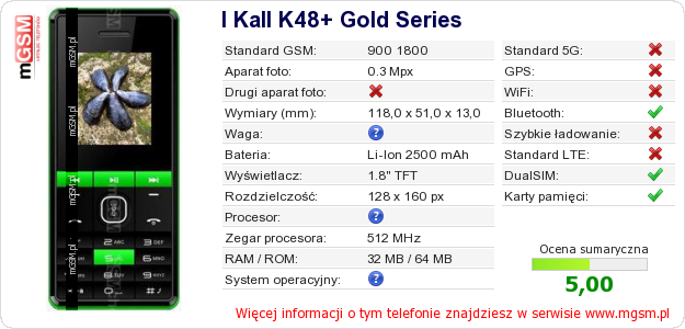 Dane telefonu I Kall K48+ Gold Series