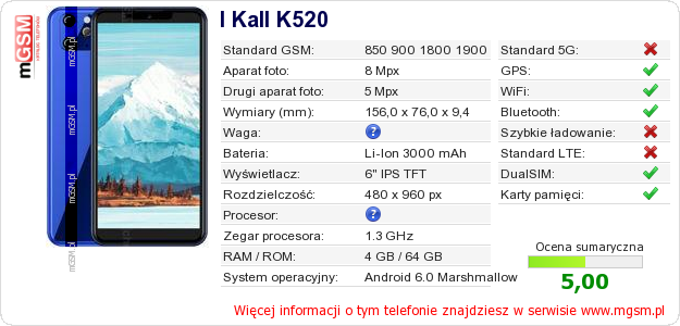 Dane telefonu I Kall K520 Dane telefonu I Kall K520