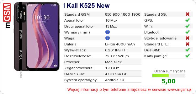 Dane telefonu I Kall K525 New Dane telefonu I Kall K525 New