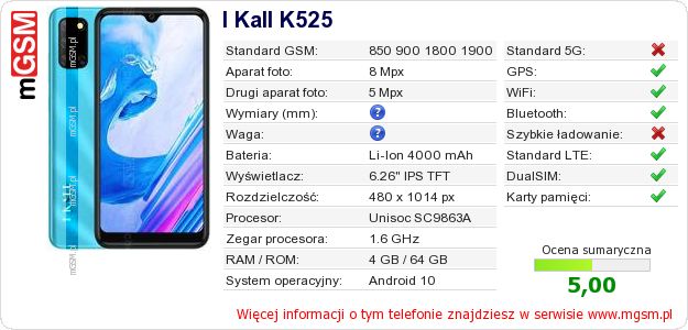 Dane telefonu I Kall K525