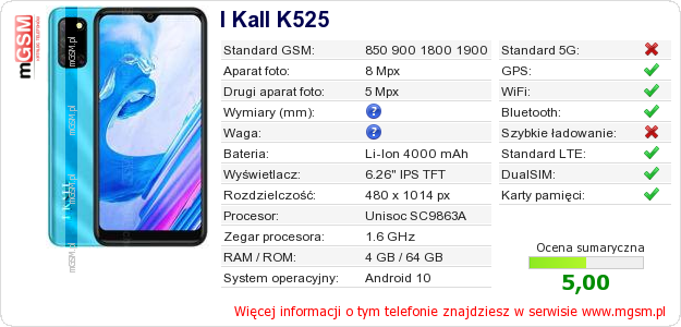 Dane telefonu I Kall K525