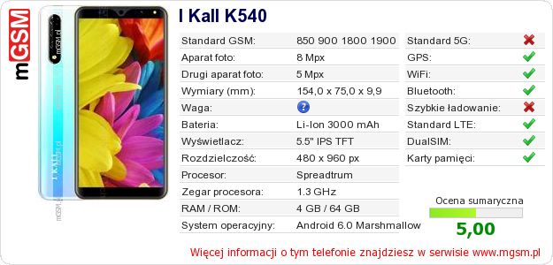 Dane telefonu I Kall K540 Dane telefonu I Kall K540