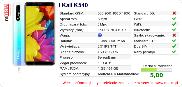 Dane telefonu I Kall K540
