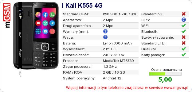 Dane telefonu I Kall K555 4G