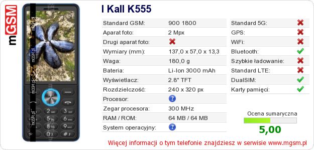 Dane telefonu I Kall K555 Dane telefonu I Kall K555