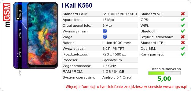 Dane telefonu I Kall K560 Dane telefonu I Kall K560