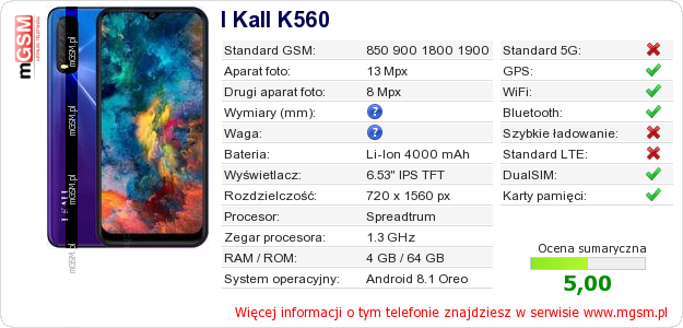 Dane telefonu I Kall K560
