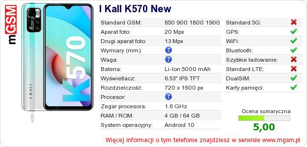 Dane telefonu I Kall K570 New