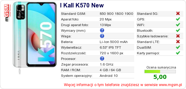Dane telefonu I Kall K570 New