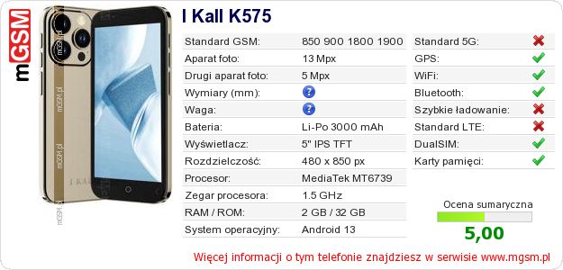 Dane telefonu I Kall K575 Dane telefonu I Kall K575