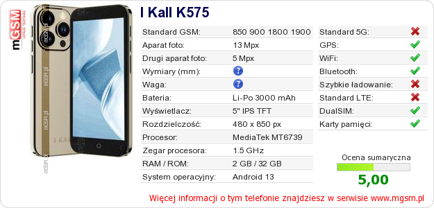Dane telefonu I Kall K575